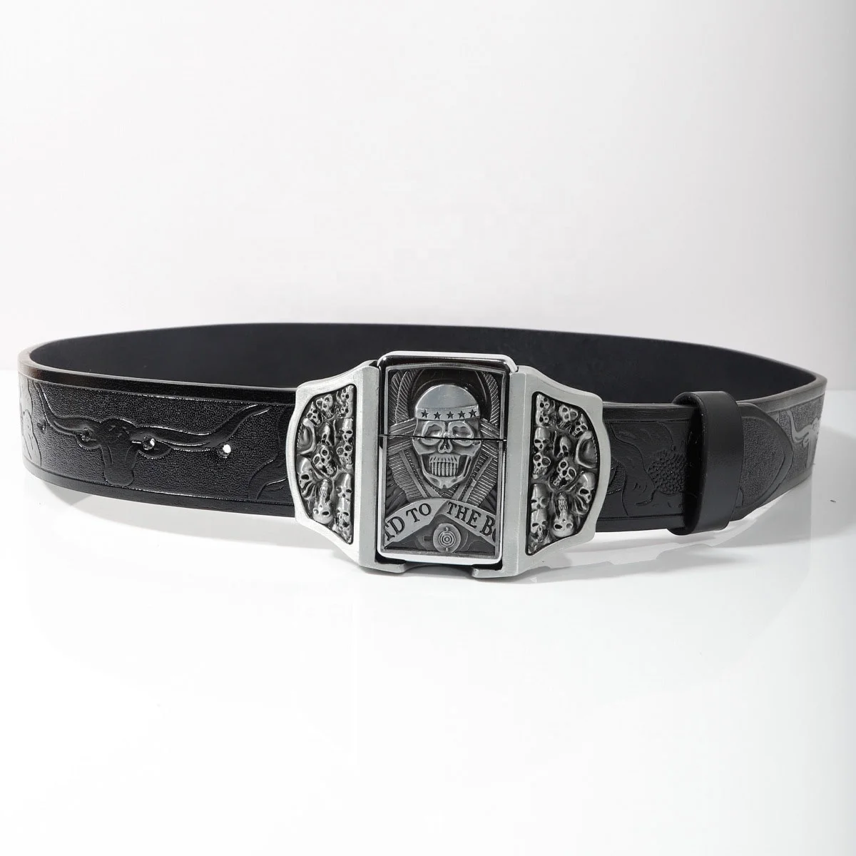 Custom Logo Wholesale Fashion Skull Poker Lighter Buckle Punk PU Leather Belt for Men