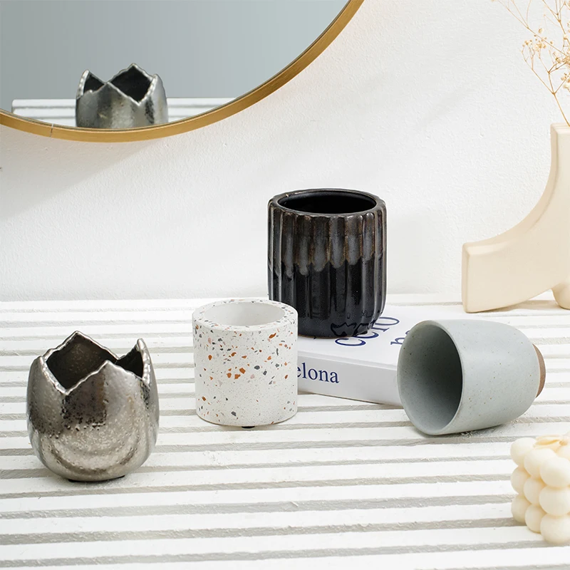 Classic wholesale cheap unique shape frosted matte black empty candle jars ceramic candle vessels