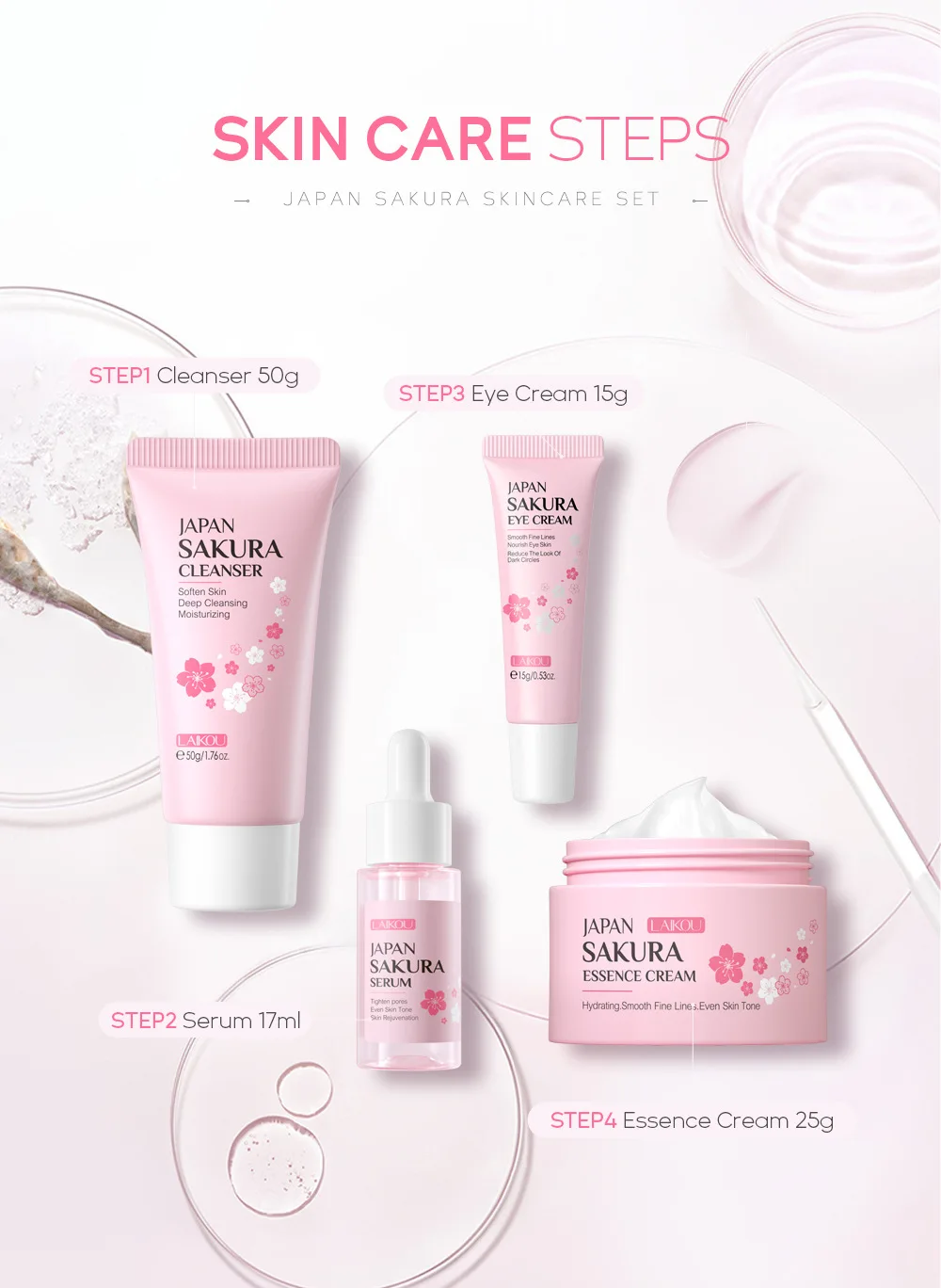 Cherry Blossom Japanese Sakura Travel Kit Skin Care Set 4 Pieces Laikou Japan Sakura Rejuvinating Skin Care Set