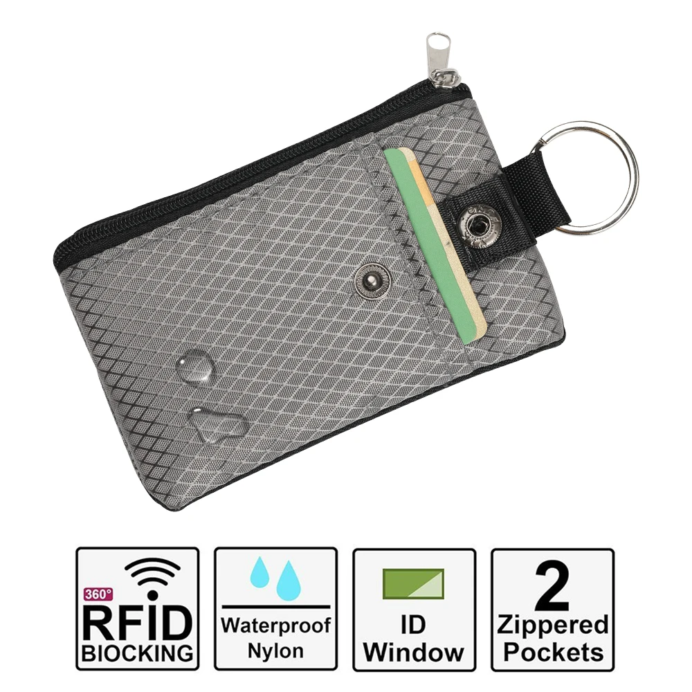 Minimalist RFID Blocking Small Wallet with ID Window Waterproof Zip ID Case Wallet with Lanyard Keychain for Travel