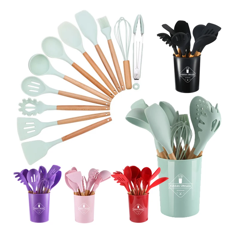 12 Pieces in 1 Set Kitchenware Wooden Handles Utensilios De Cocina Kitchen Accessories Silicone Spatula Cooking Utensil