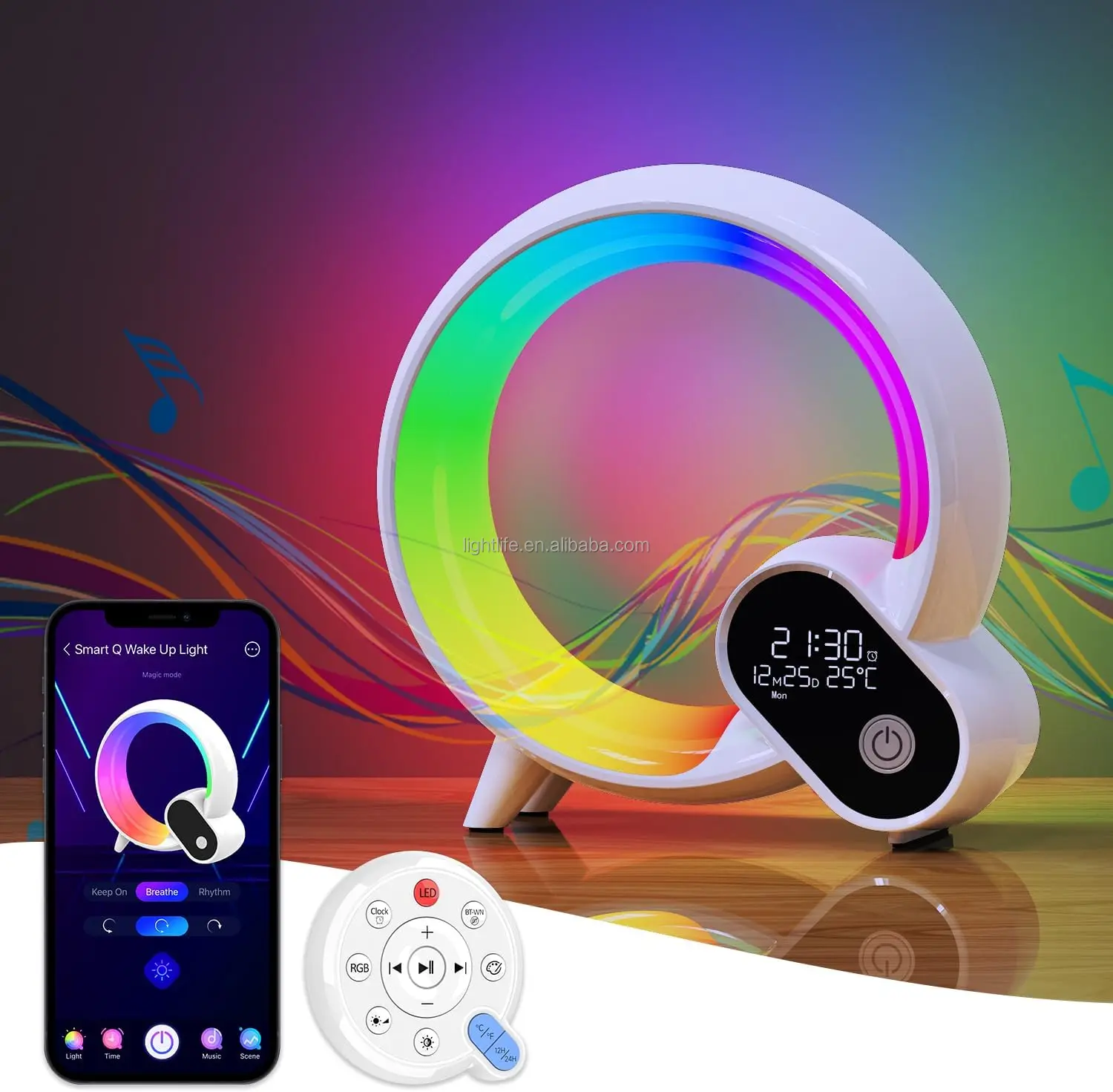 Hot Sale LED Smart Night Light Remote & APP Control RGBCW Alarm Clock Ambient Light White Noise BT Speaker Q Shape Wake Up Light