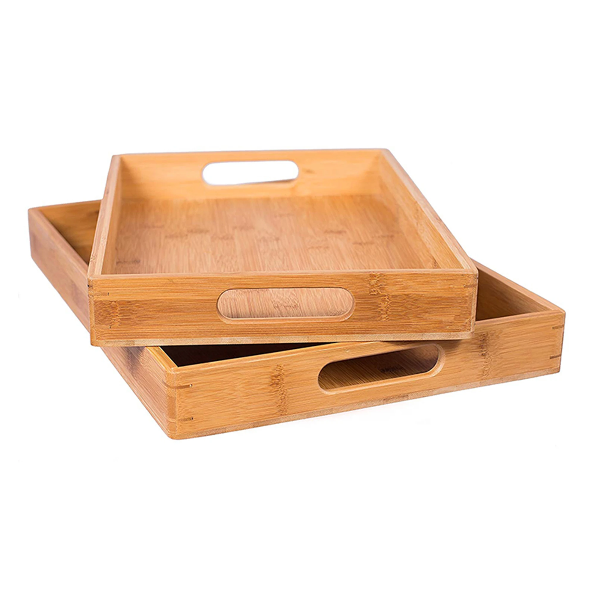 Custom Size Decorative Bamboo Wooden Coffee Tea Breakfast Food Tray Wood Serving Trays Set With Handles