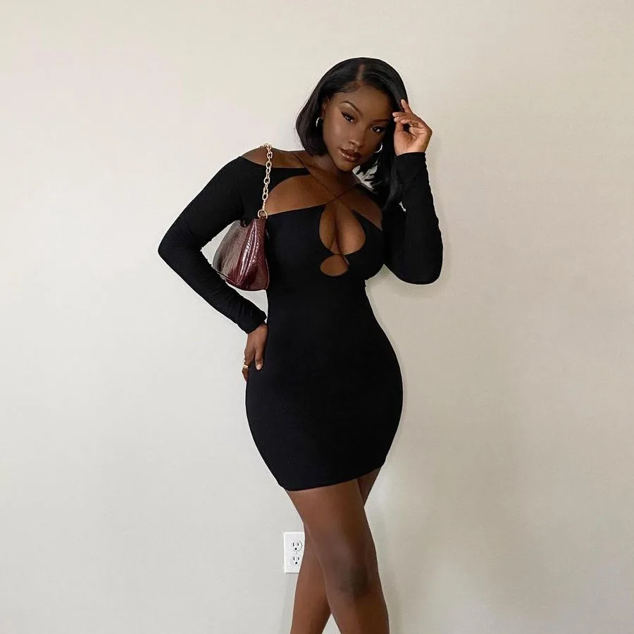 Nibber K21D09758 Instyle Patchwork Bare Apparel Party Women Black Evening Elegance Shirt Dresses Women Casual Long Sleeve Dress