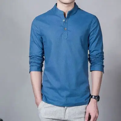 
Fashion long sleeve solid color Stand Collar Placket Plain Dyed cotton blend Hemp Basic Plain Hemp Men T-shirt 