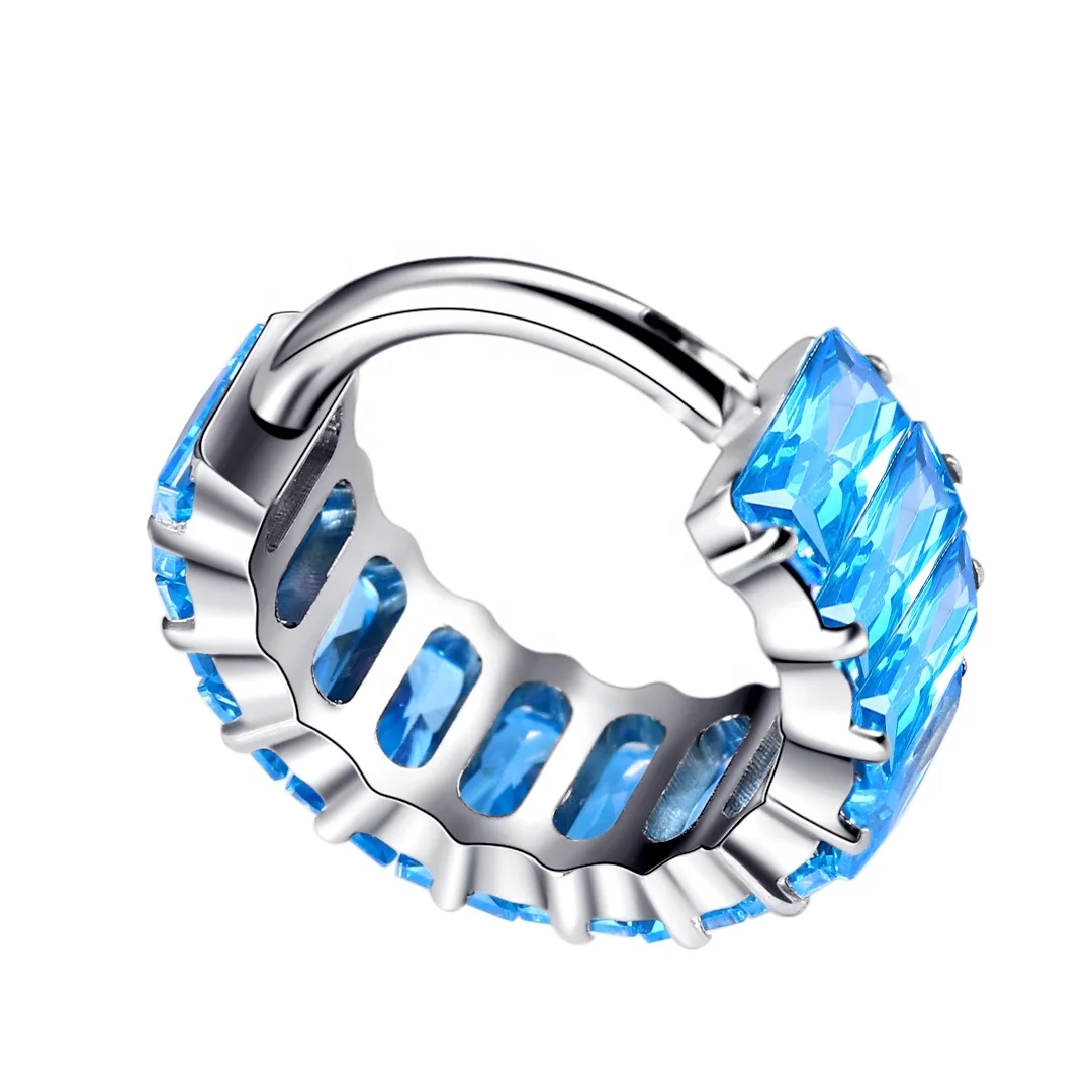Eternal Metal ASTM F136 Titanium Hinged Segment Clicker Ring with Aqua Cubic Zircon Piercing Jewelry