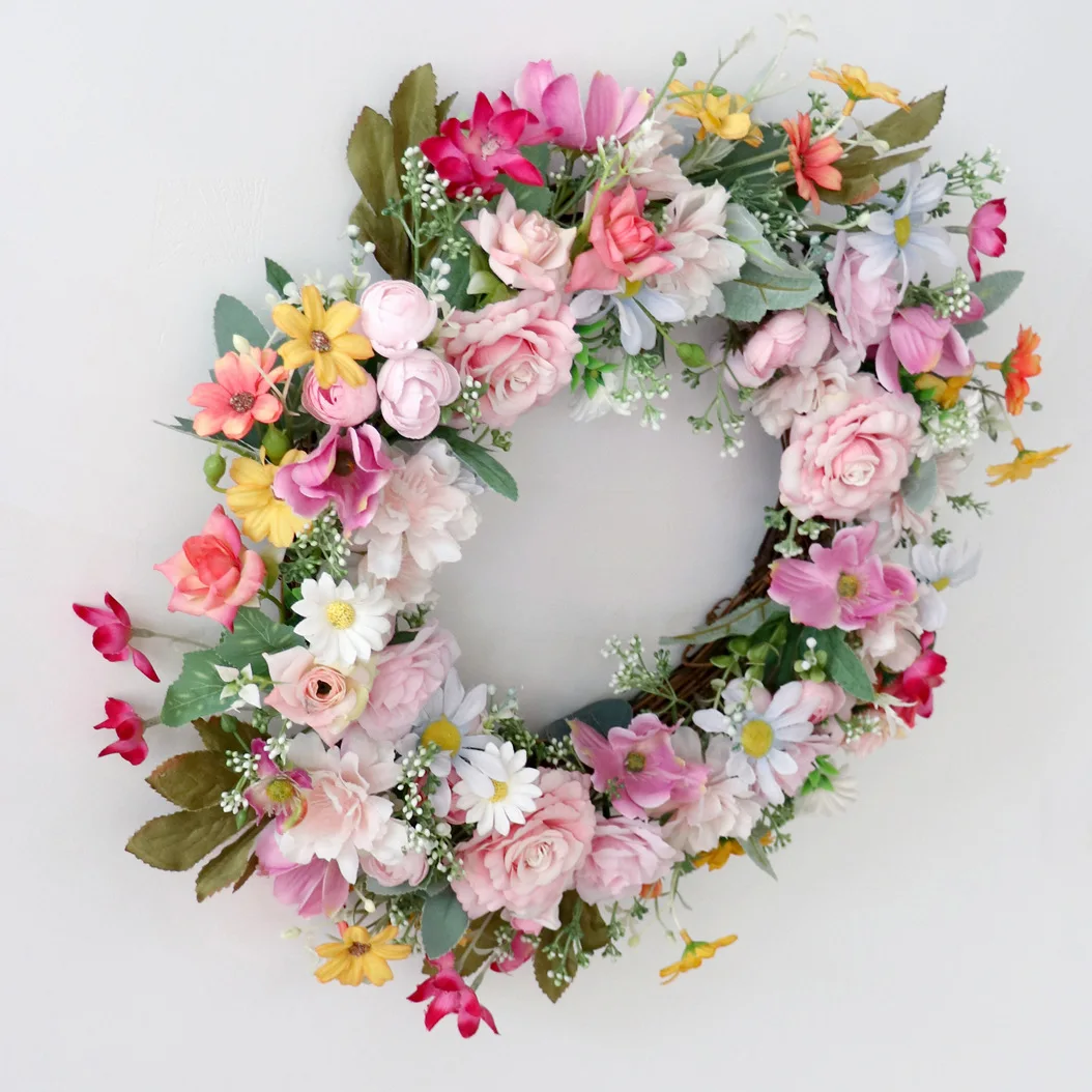 48CM Artificial Rose Flower Wreath for Wedding Door Decorations Silk Rose Peony Flowers Wreath Artificial