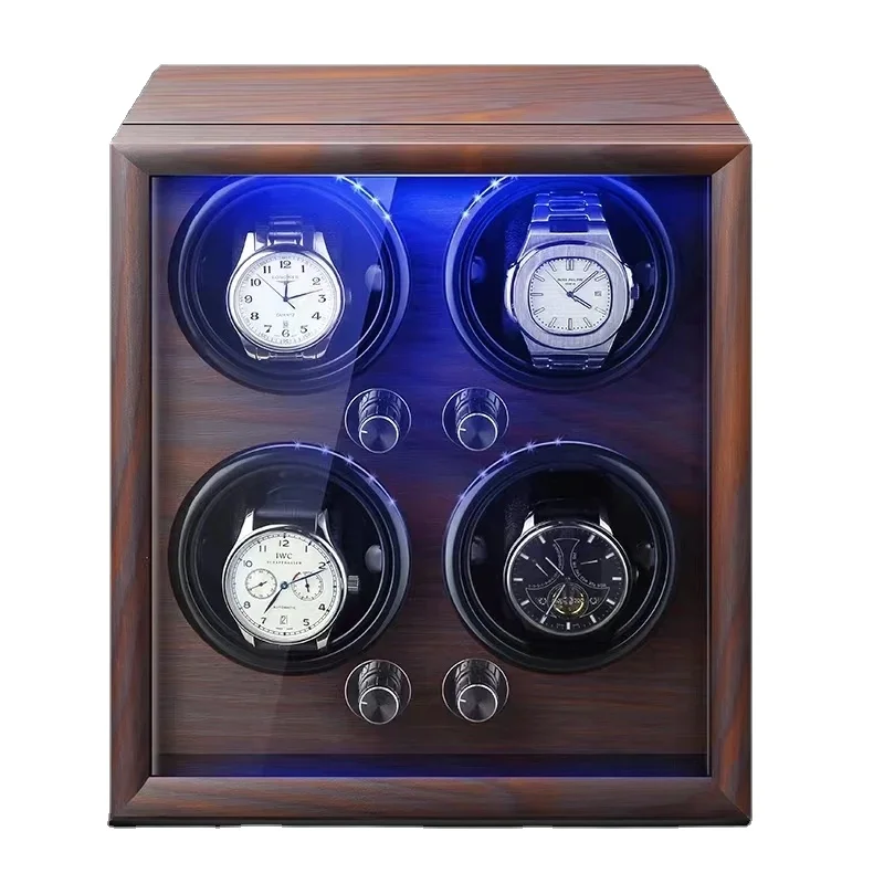 Wood+leather Automatic mechanical watch winder box case safe luxury high quality 4 slots with LED light,open-stop function