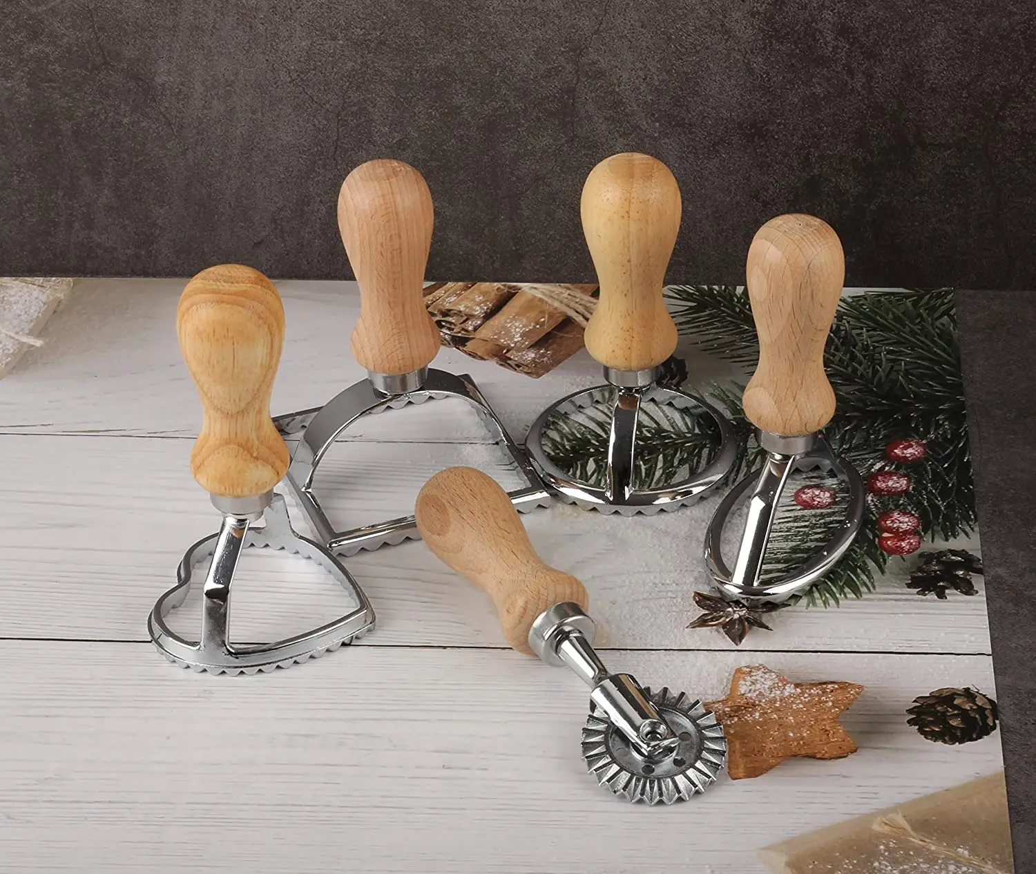 5pcs Ravioli Stamp Maker Cutter with Roller Wheel Set Mold Baking & Pastry Tools 500 Set Kitchen Products OPP Bag Wood 5 Per Kit