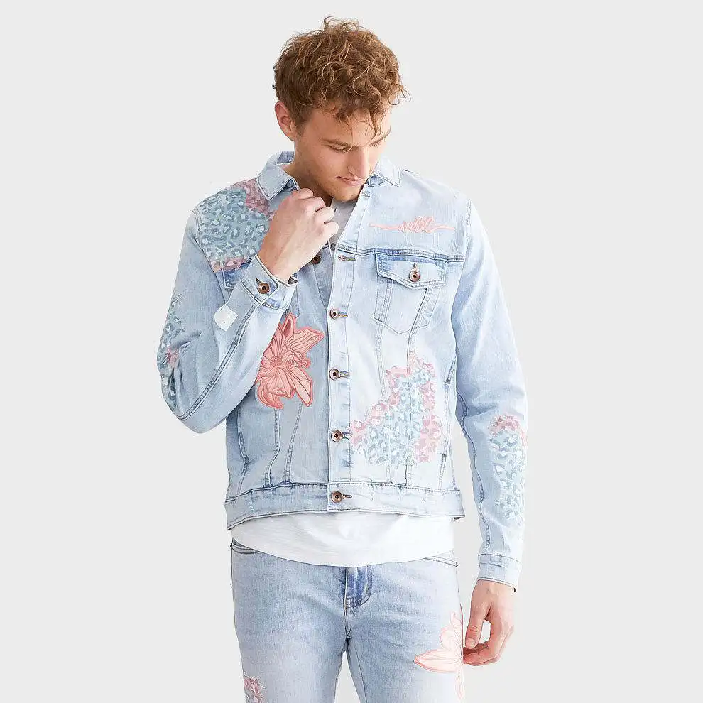 New Arrival AeeDenim custom Designers Jackets Eternity Floral destruction flocked animal print embroidered patch Denim Jacket