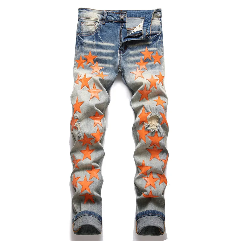 Design Streetwear Men Stars Patches Stretch Denim Jeans Tie Dye  Patchwork Pants Ripped Distressed Slim Straight Trousers