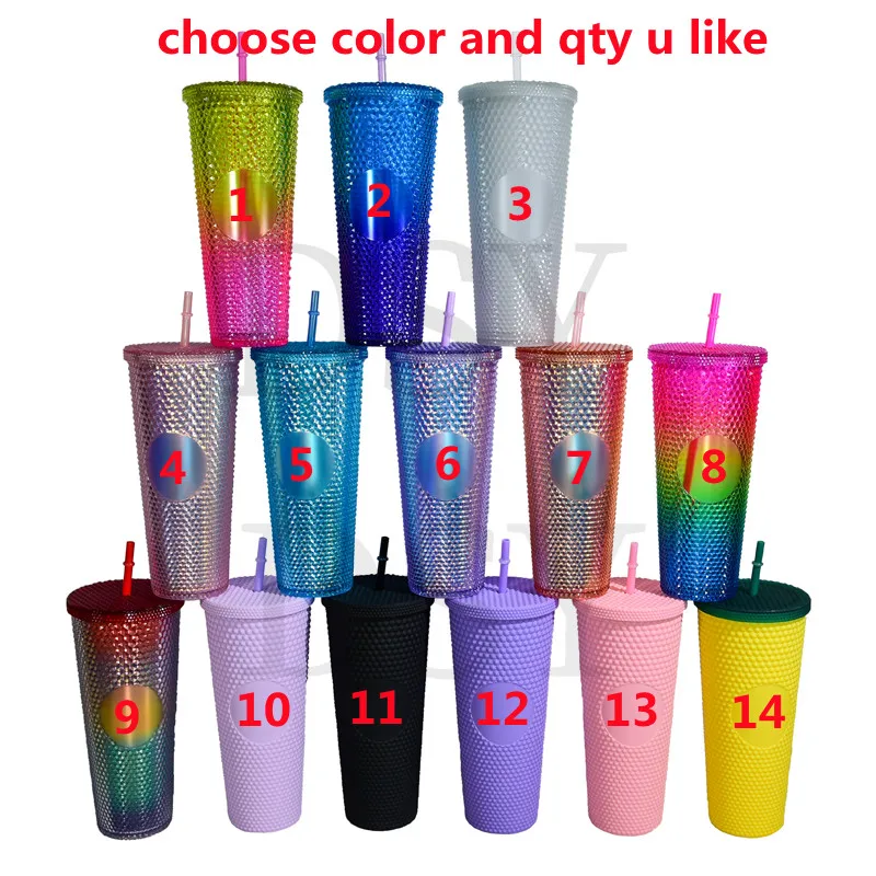 DSY BPA FREE 24oz Coffee Mug Double Wall Plastic Acrylic Shiny Matte Snow globe Studded Cups Tumbler with Straw and