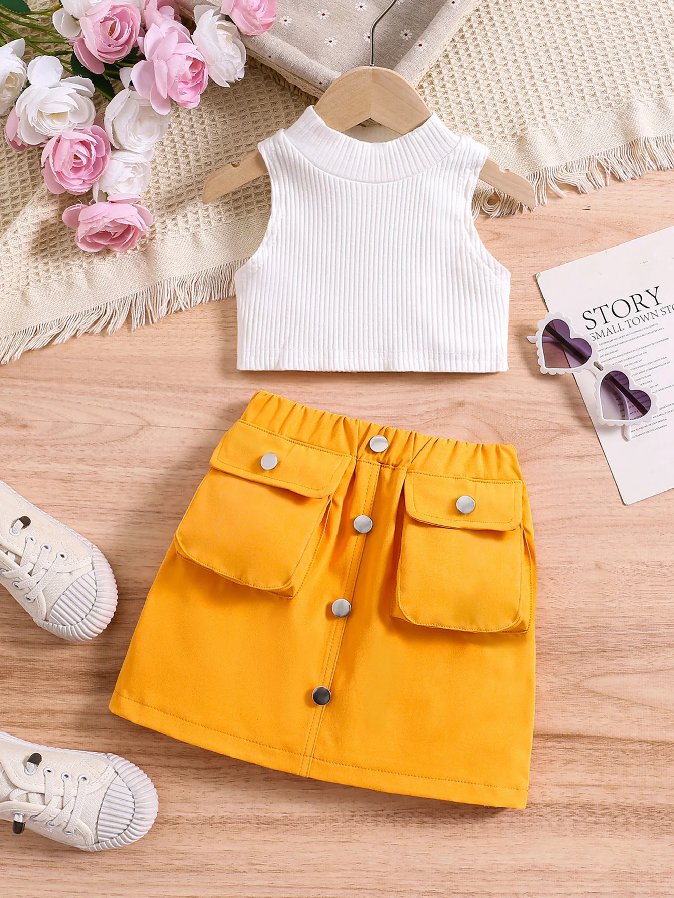 Cross-Border Spring Summer Girls Clothing Set High Collar Pullover Organ Bag Multi-Button Rubber Skirt Solid Color Two-Piece Set