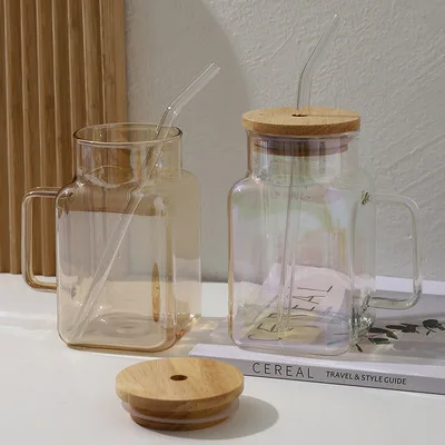 Outdoor Travel Milk Tea Coffee beer glass cup tumbler Heat resistant square glass Beverage soda milk cup with bamboo lid straw