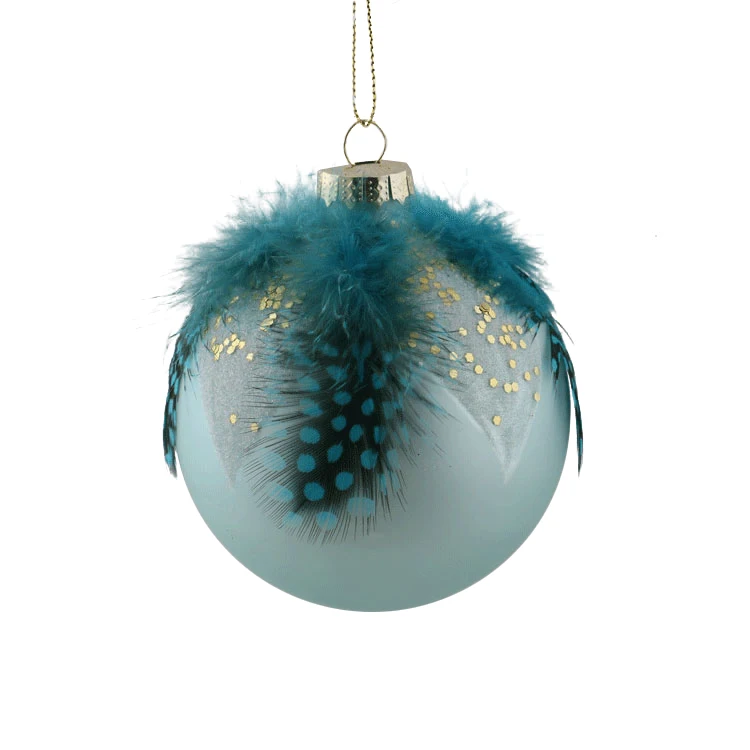 Hot Selling Unique Design Christmas Tree Decoration 8cm Glass Ball with Feather Green Christmas Ornaments Globe