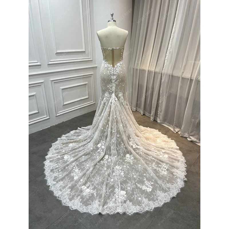 Hailey Style Chantilly Lace 3D Beaded Lace Sweetheart Long Off Shoulder Champagne Sexy Sheer Mermaid Wedding Dresses Bridal Gown