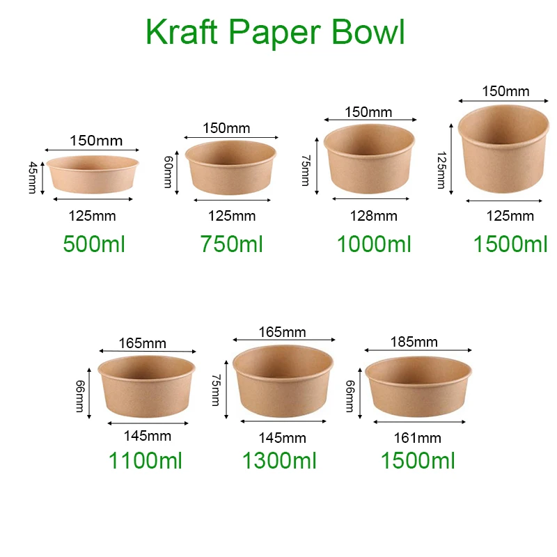 disposable takeout rice paper water bowl 850cc kraft paper salad bowl logo printed 320cc paper bowl packaging with design