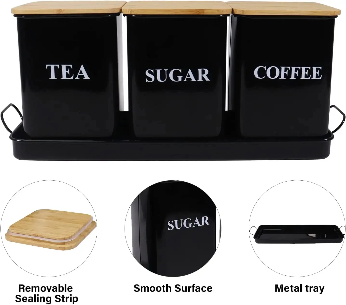 Tea Coffee Sugar Canisters Set With Tray Metal Storage Box For Coffee Kitchen Storage Jars with Wooden Lid