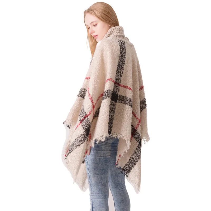 
New Arrival Fashion High Collar Plaid Tassel Cloak Shawl Sweater Winter Poncho For Women Winter 