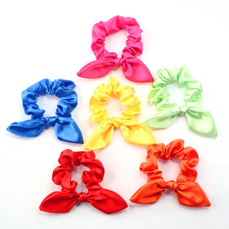 Custom Solid Multi Color Cute Cheap Satin Plain Bowknot Rabbit Ear Scrunchies satin bow scrunchies
