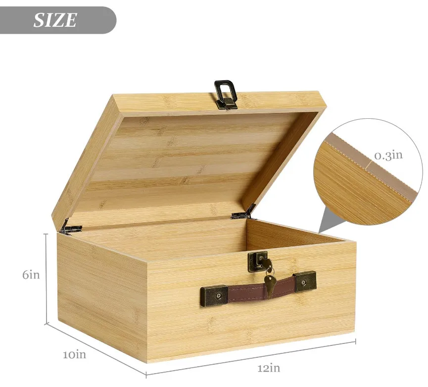 Large Portable Natural Wooden Storage Bins Basket Bamboo Wood Storage Box with Lock Keys Hinged Lid