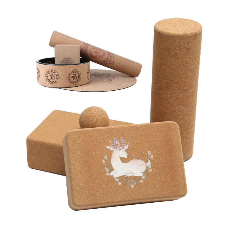 Eco friendly Natural Rubber Meditation Mats Custom Print Cork Round Yoga Mat block wheel set