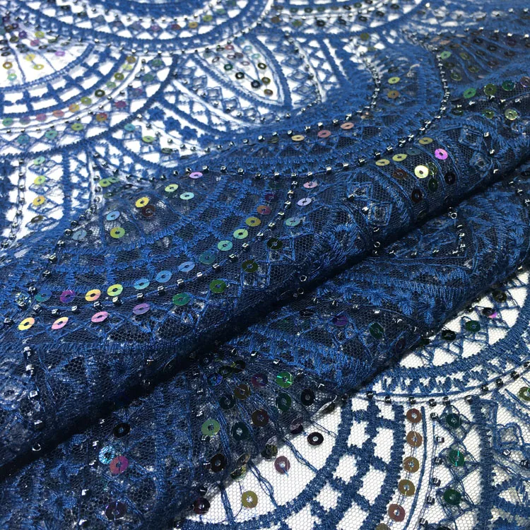 
Graceful curved overlapping pattern beaded and sequins embroidery poly mesh fabric for women garment and bag 