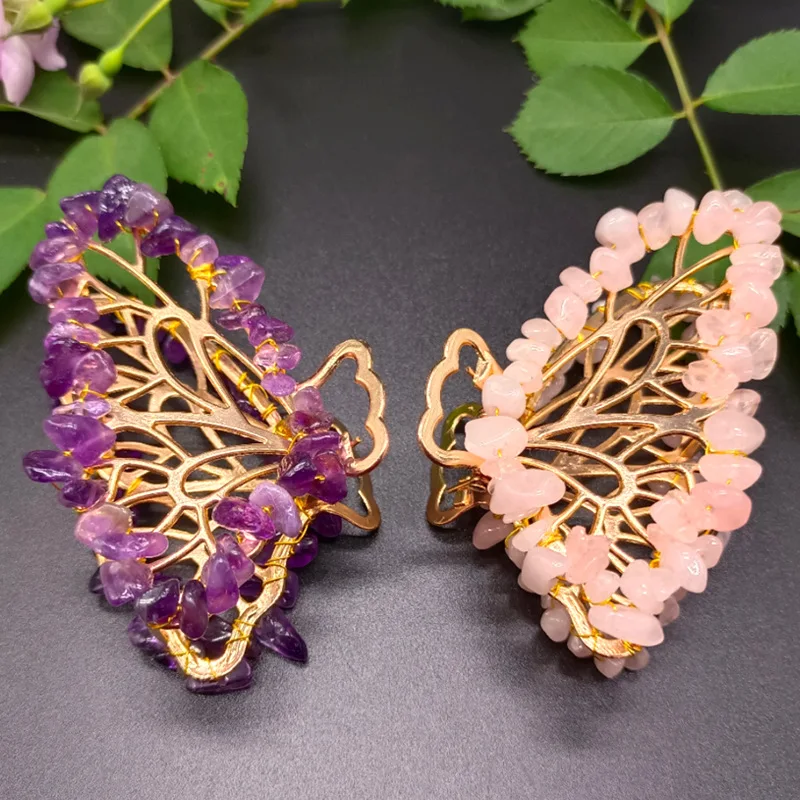 Creativity natural stone wire wrapped gravel butterfly hairpin hair accessory crystal amethyst Rose Quartz hair jewelry