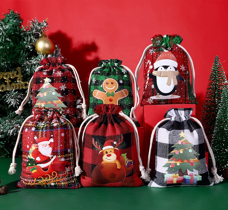 Eco custom logo Beautiful Drawstring small cloth bag Santa Storage Sacks Christmas Gift Candy Bag