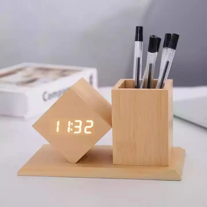 Office Creative Decoration Desk Wooden Pen Holder with Wood Digital LED Alarm Table Clock