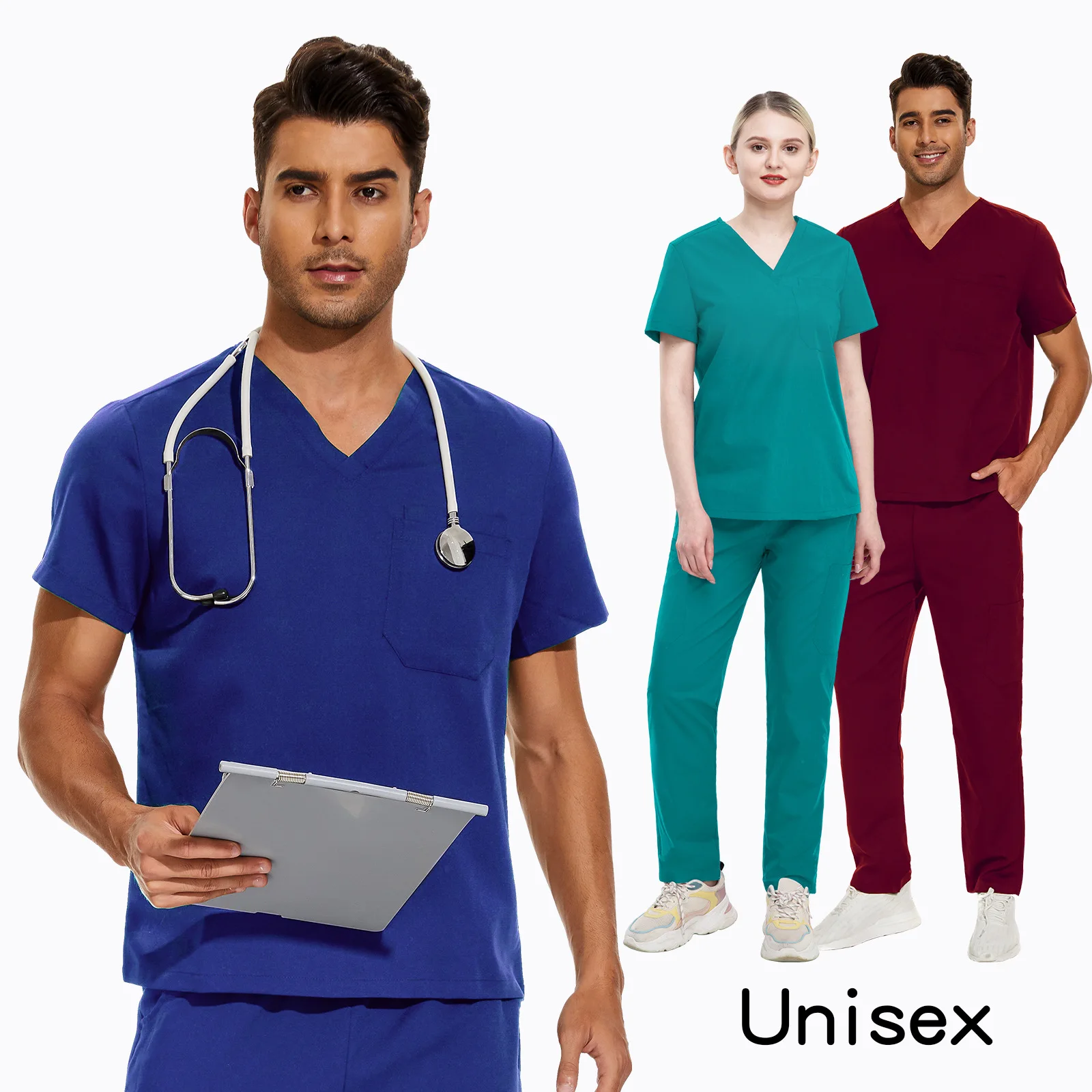 New Arrival V-neck Nursing Uniformes Medical Tops And Pants Doctor Uniform Women Men Embroidery Scrub Hospital Uniform Sets