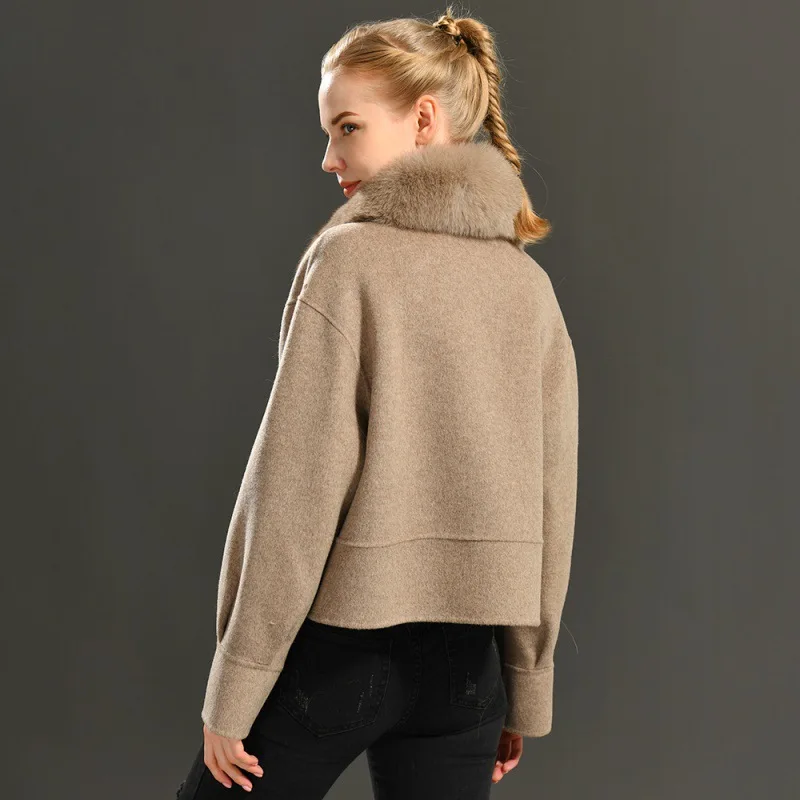 Candy colors women woolen jackets hot sale detachable fox fur collar jackets Spring fashion lady jackets with matching color fur