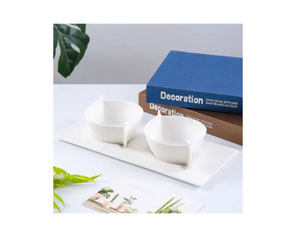 CANHUI White Serving Bowls Set Snack Dessert Dishes Ceramic Salad Fruit Bowl With Flat Square Porcelain Plate