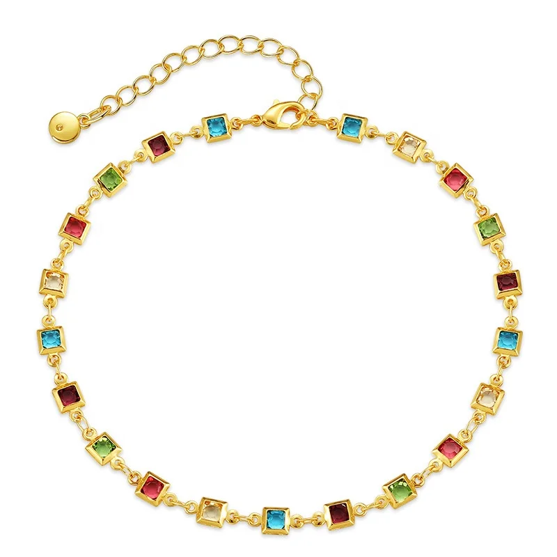 Barzel 18K Gold Plated Gold and Multi Color Crystal square zircon Baguette Anklet