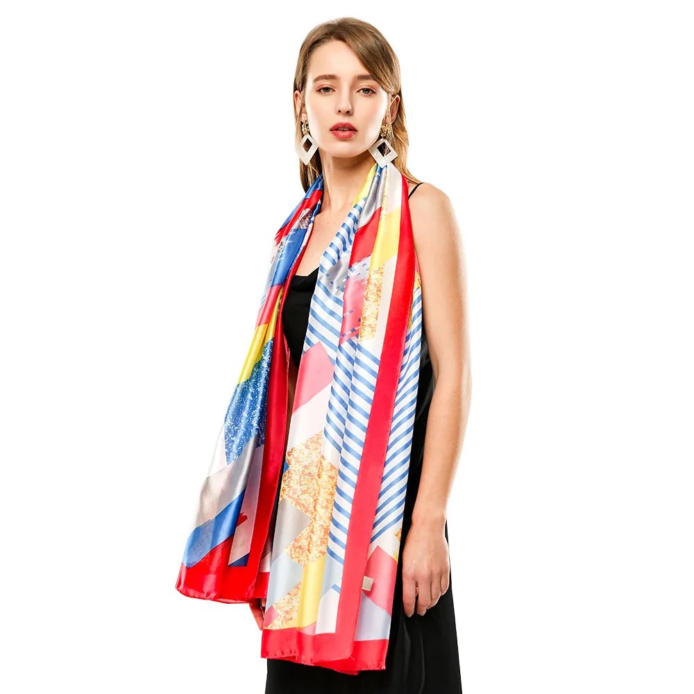 
Logo print neck silk scarf spring 100% silk long scarf for women chinese silk printed scarf 