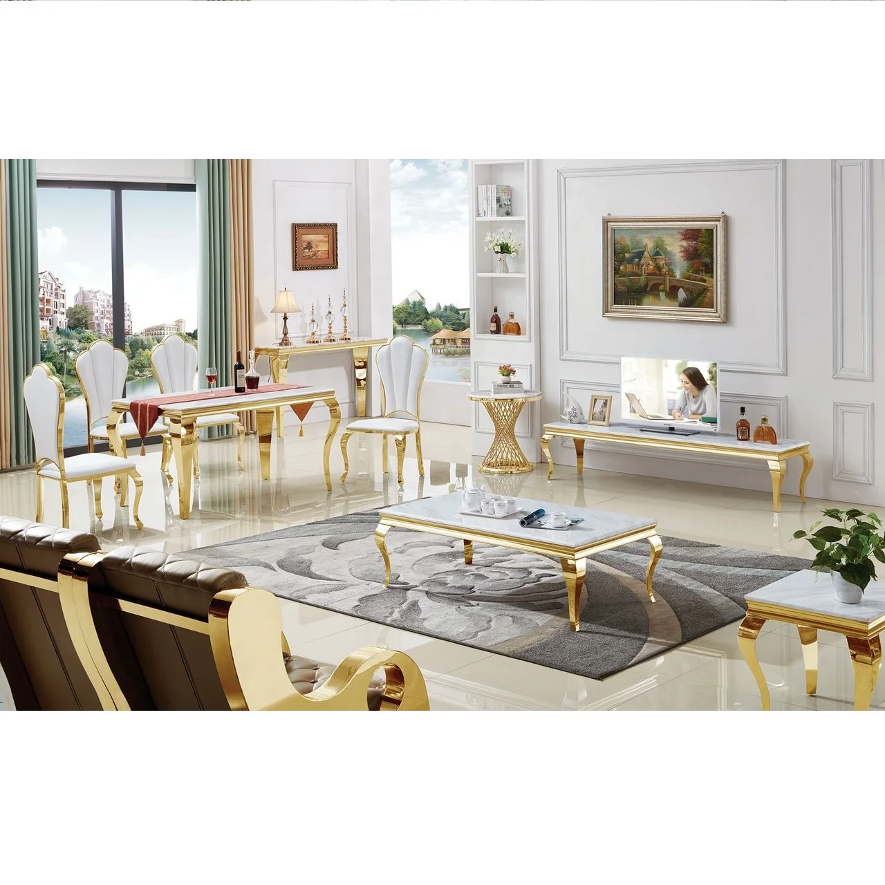 
Luxury Home Visonnaire Gold Brass Stainless Steel Dining Set and Living Room Set 