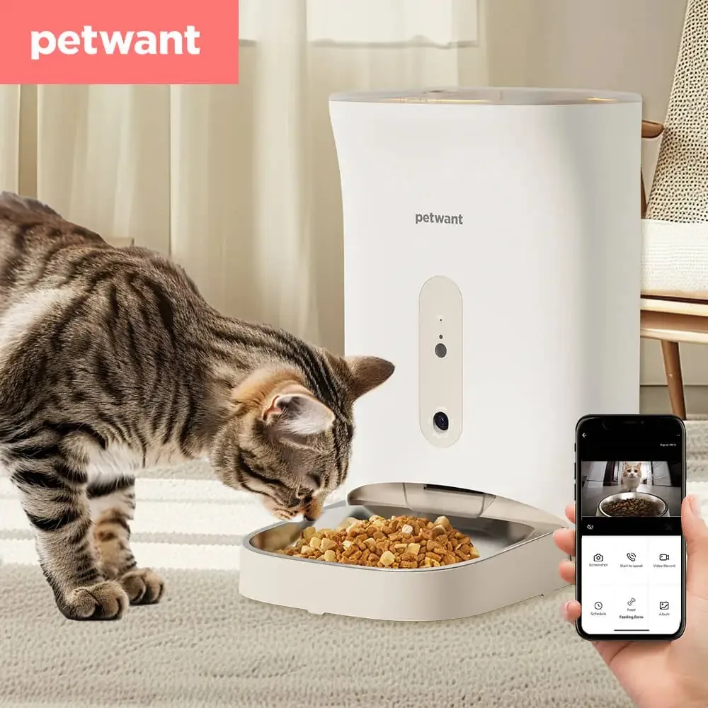 Petwant 4.5L Smart Programable Dog Cat Dry Food Dispenser Camera APP Remote Timed Stainless Steel Bowl Automatic Pet Feeder