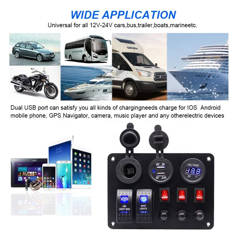 2 Gang Rocker Switch Panel with 3.1A USB Charger Voltmeter 12V-24V DC Rocker Switch 15A circuit breaker button switch