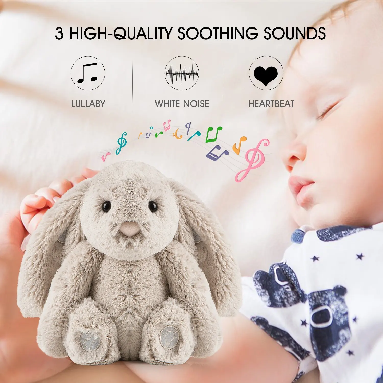 Новый продукт, белая шумоподавляющая кроватка для детского сна, Ночной светильник, шумная музыка, плюшевый кролик для сна