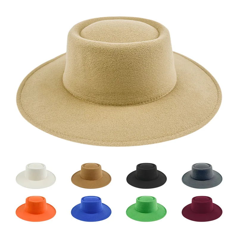 Wholesale new Autumn winter sun protection windproof solid color large brim French fashion jazz tweed felt bucket Hat