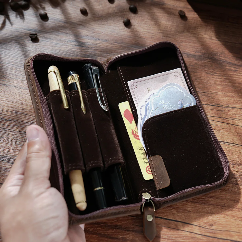 Vintage Design Customizable Genuine Leather Stationery Pen Case Holder Glasses Storage Box Real Crazy Horse Leather Pen Bag