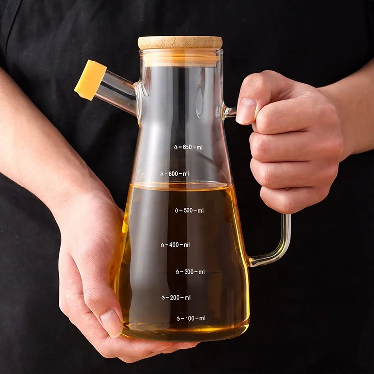 Kitchen 650ml Dispenser Borosilicate Seasoning Bottle Graduated Oil & Vinegar Bottle Pot With Handle Bamboo Wooden Lid