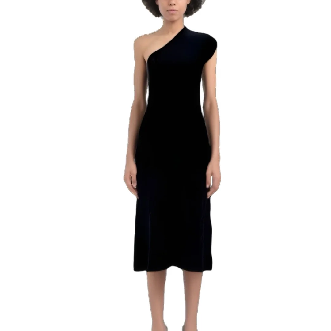 OEM Custom Elegant Evening Wear Asymmetrical Neckline Short Sleeves Knitted Long Dress Summer Autumn Winter