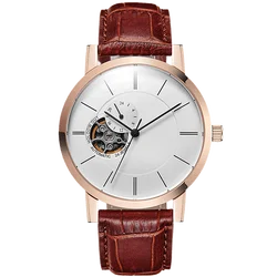 Custom cow leather strap 24 hours show skeleton leisure men mechanical automatic watch