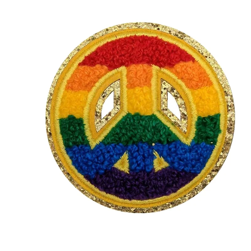 Rainbow style chenille patches adhesive peace sign applique patches for DIY Clothing Bags Jacket