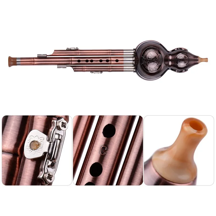 3 Tone C-Key Hulusi Gourd Cucurbit Flute with Copper Plated Pipes Chinese Traditional Instrument with Chinese Knot Case