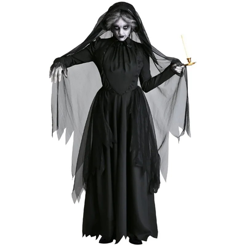 Horror Cosplay Witch Women Scary Zombie Vampire Halloween Carnival Costume Spooky Ghost Medieval Hooded Cape Day of The Dead