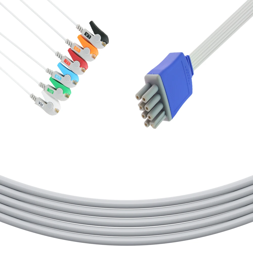 Nihon Kohden Disposable 6-Lead Shielded Ribbon Cable 90cm Grabber AHA ECG Leadwire with High Visibility Medical Consumables