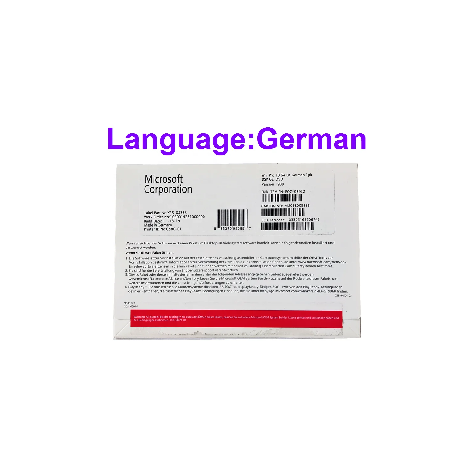 German Language  Microsoft Windows 10 professional DVD full package win 10 pro Windows 10 pro
