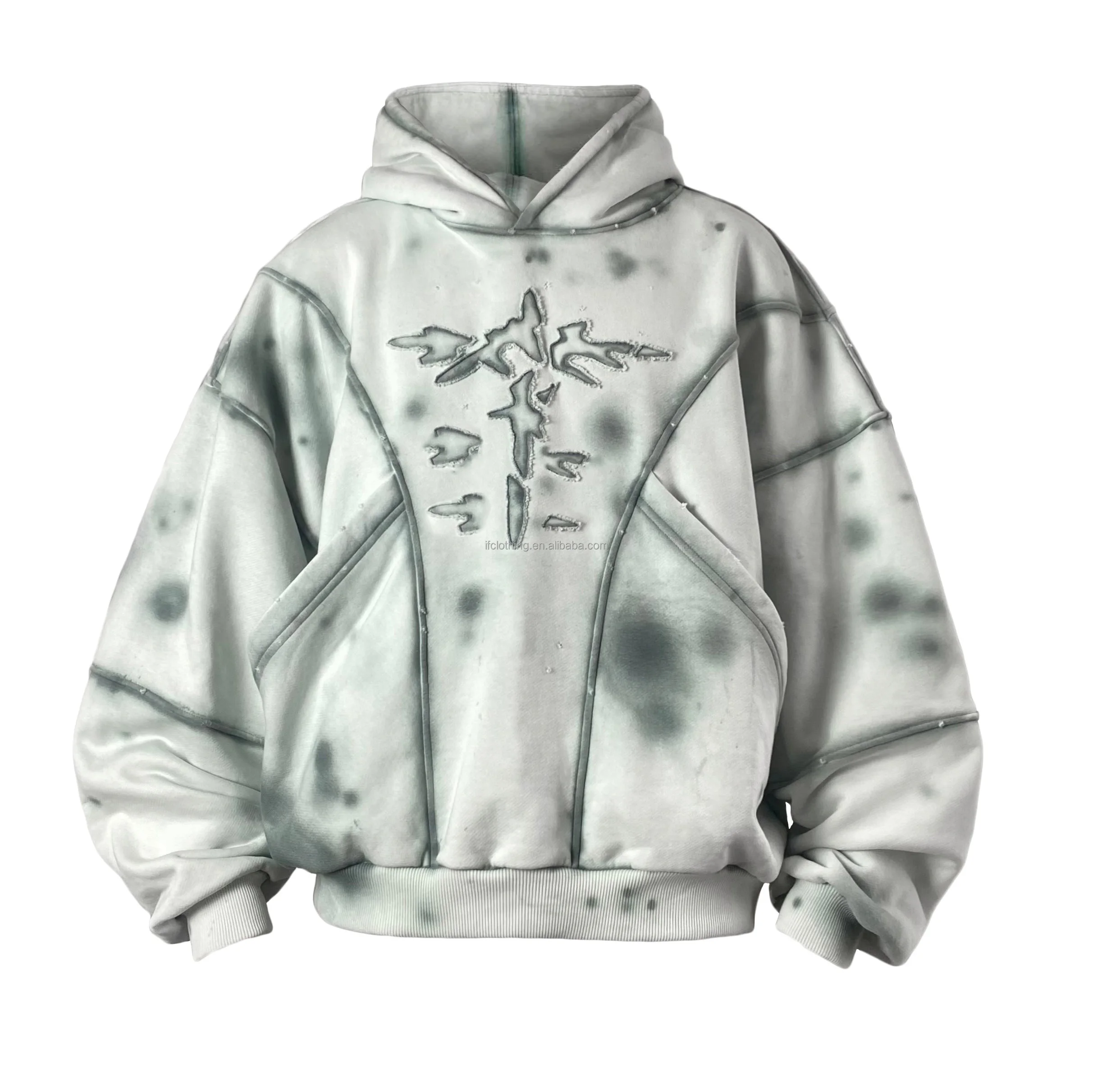 Custom Logo Embroidery Patchwork 500Gsm Hoodies Cotton Stone Washed Sun Fading Distressed Applique Embroidery Acid Wash Hoodie